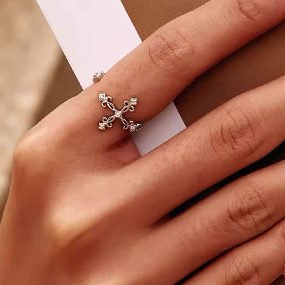 Women's Brand New CZ Accented Filigree Cross Adjustable Size Ring